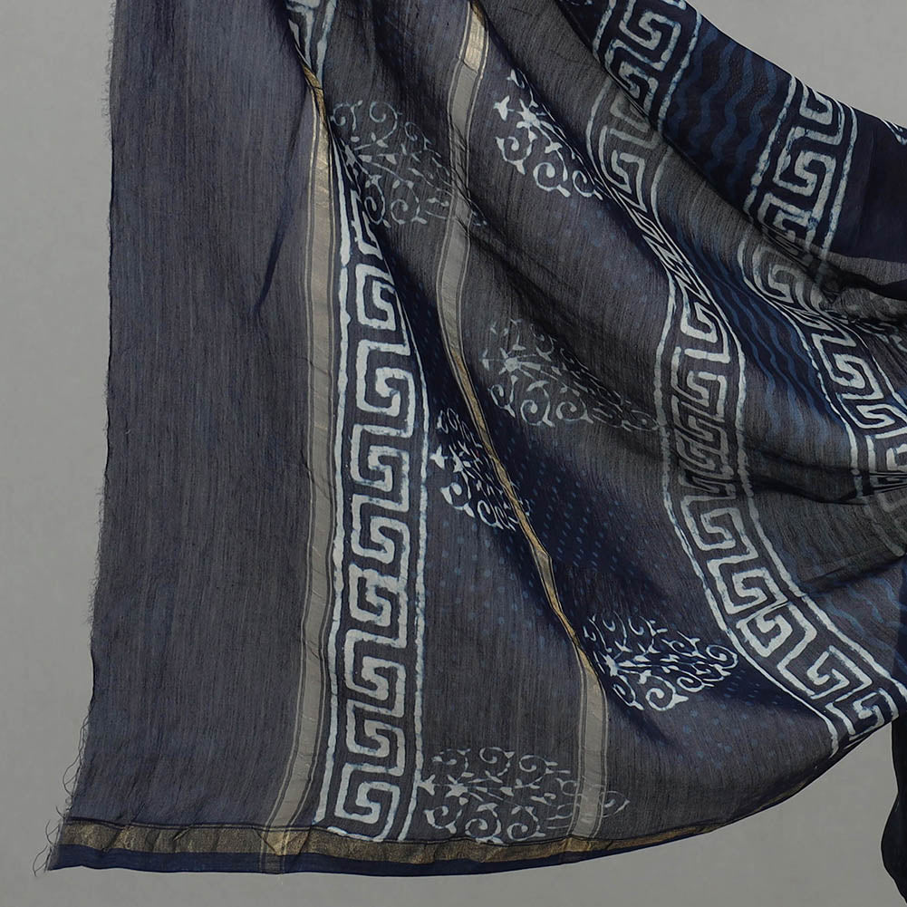 Blue 3pc Chanderi Silk Indigo Bagru Print Dress Material