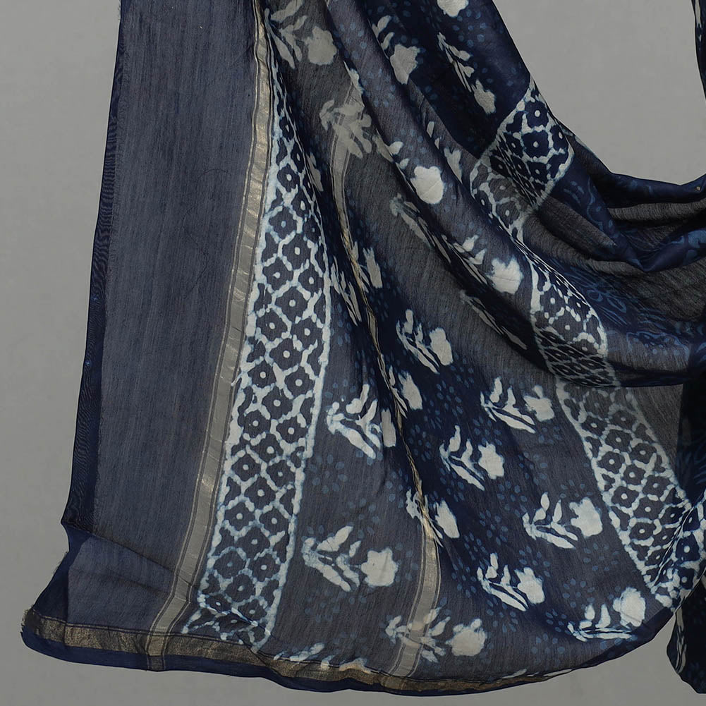 Blue 3pc Chanderi Silk Indigo Bagru Print Dress Material