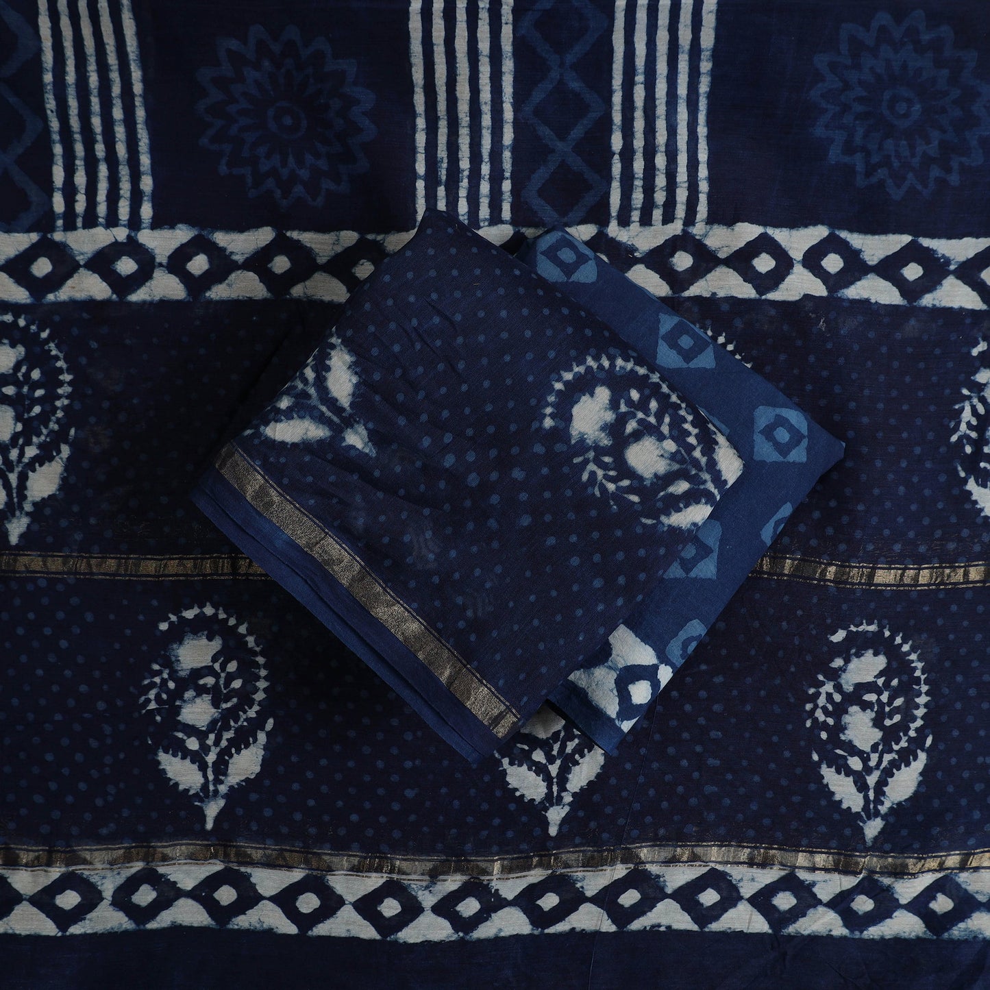Blue 3pc Chanderi Silk Indigo Bagru Print Dress Material