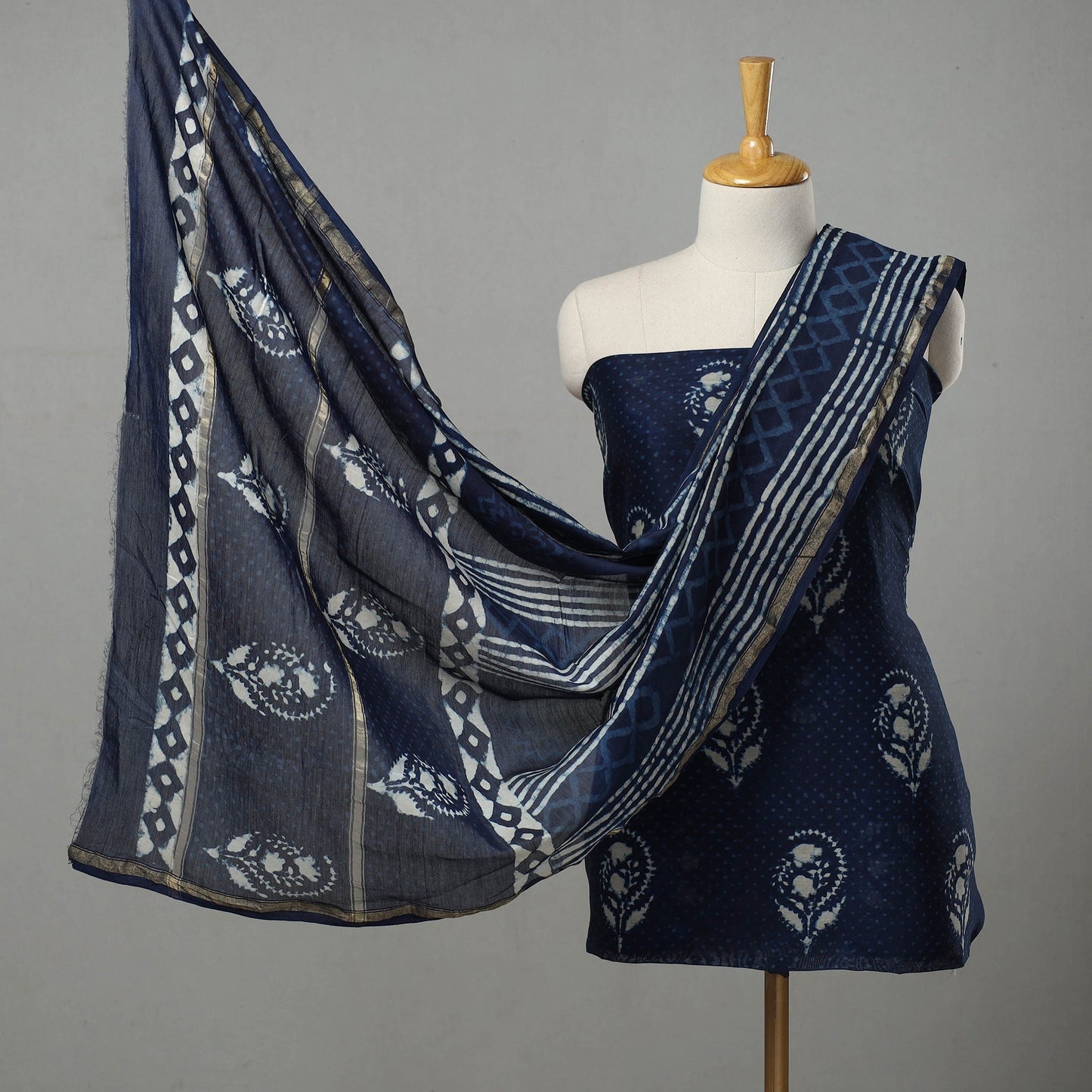Blue 3pc Chanderi Silk Indigo Bagru Print Dress Material