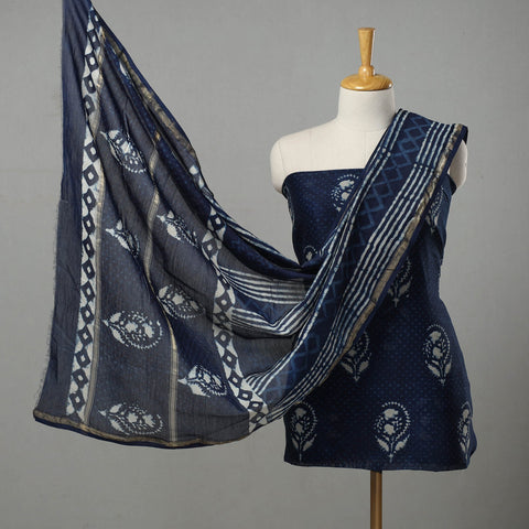 Blue 3pc Chanderi Silk Indigo Bagru Print Dress Material