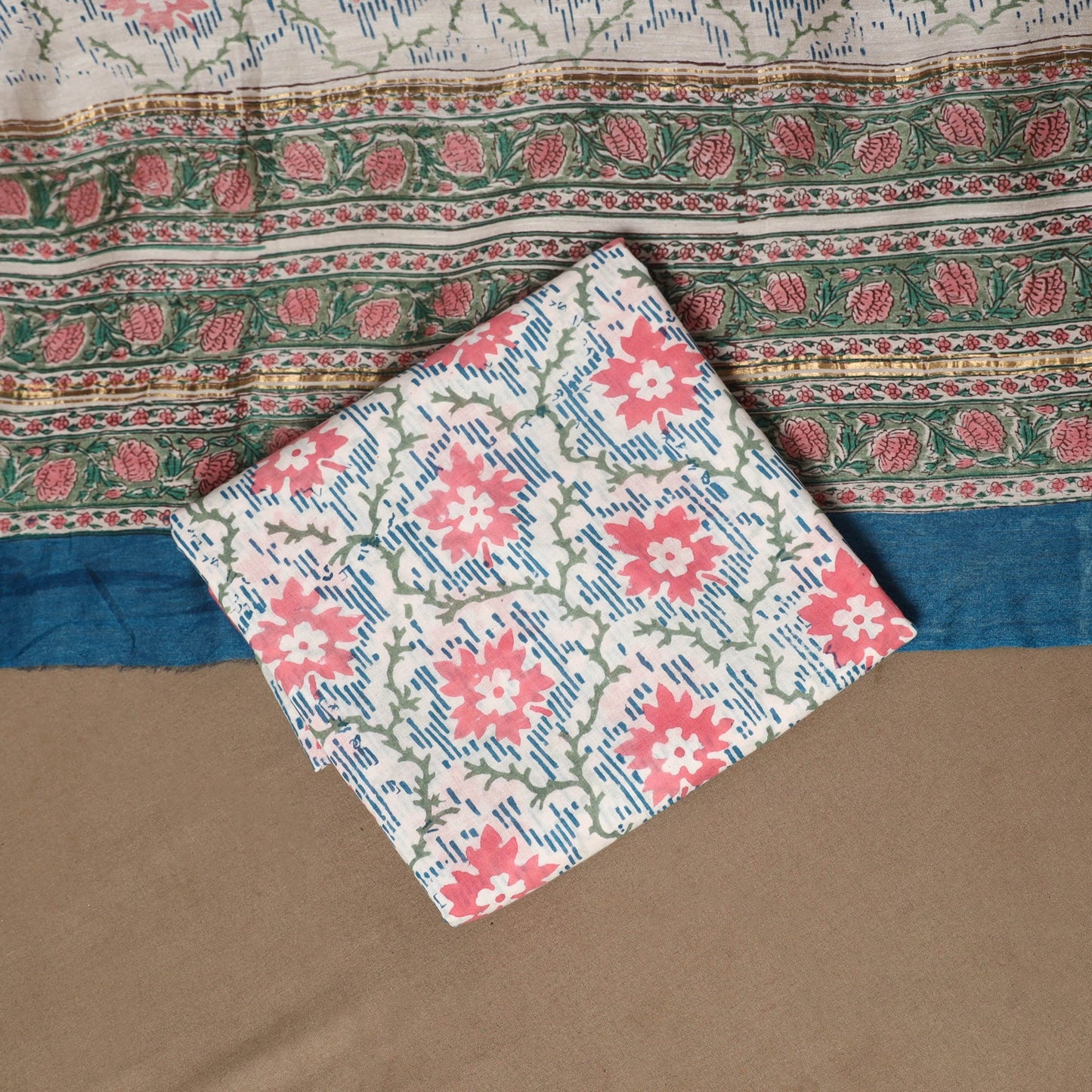 3pc chanderi silk unstitched hand sanganeri dress material