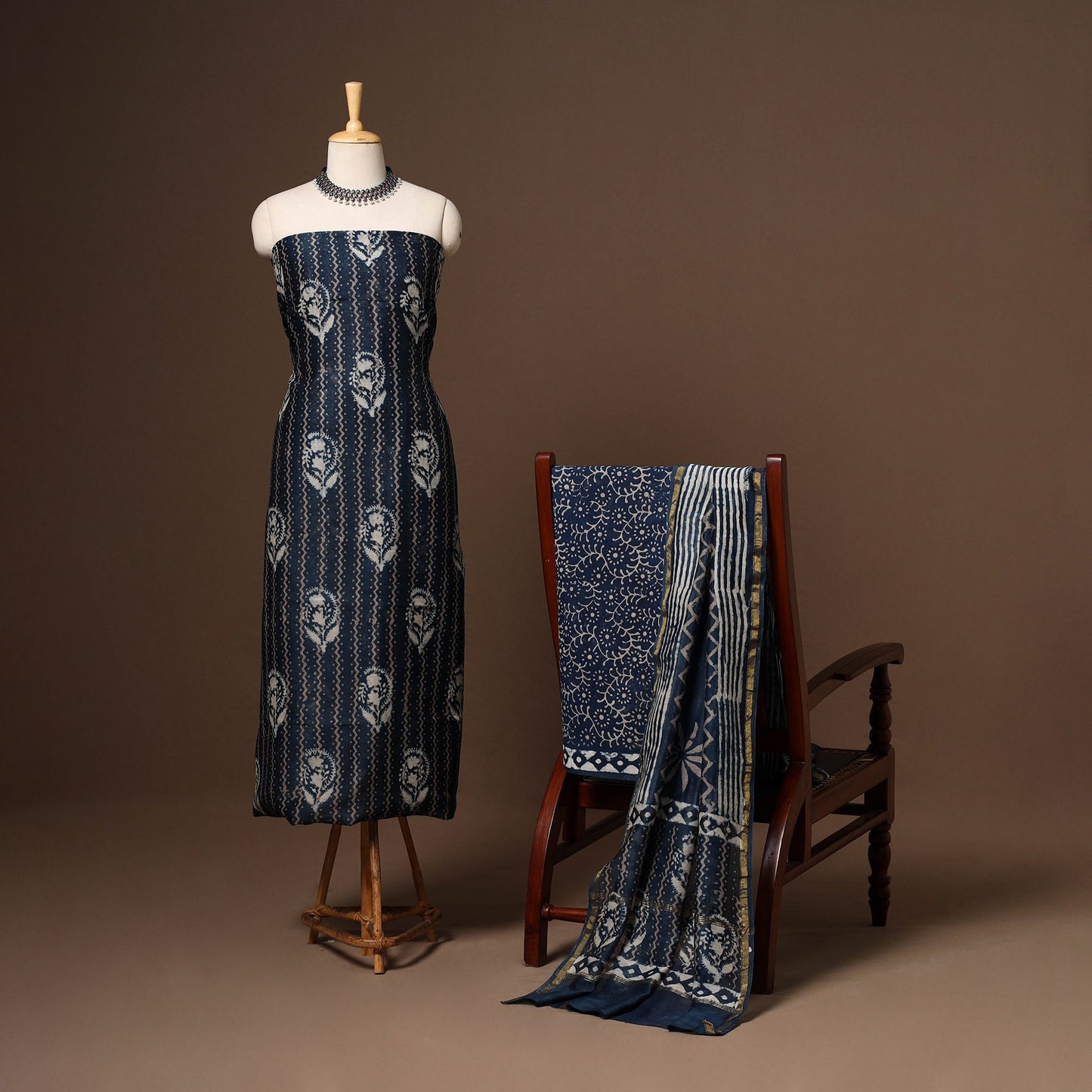 Blue - 3pc chanderi silk unstitched indigo bagru dress