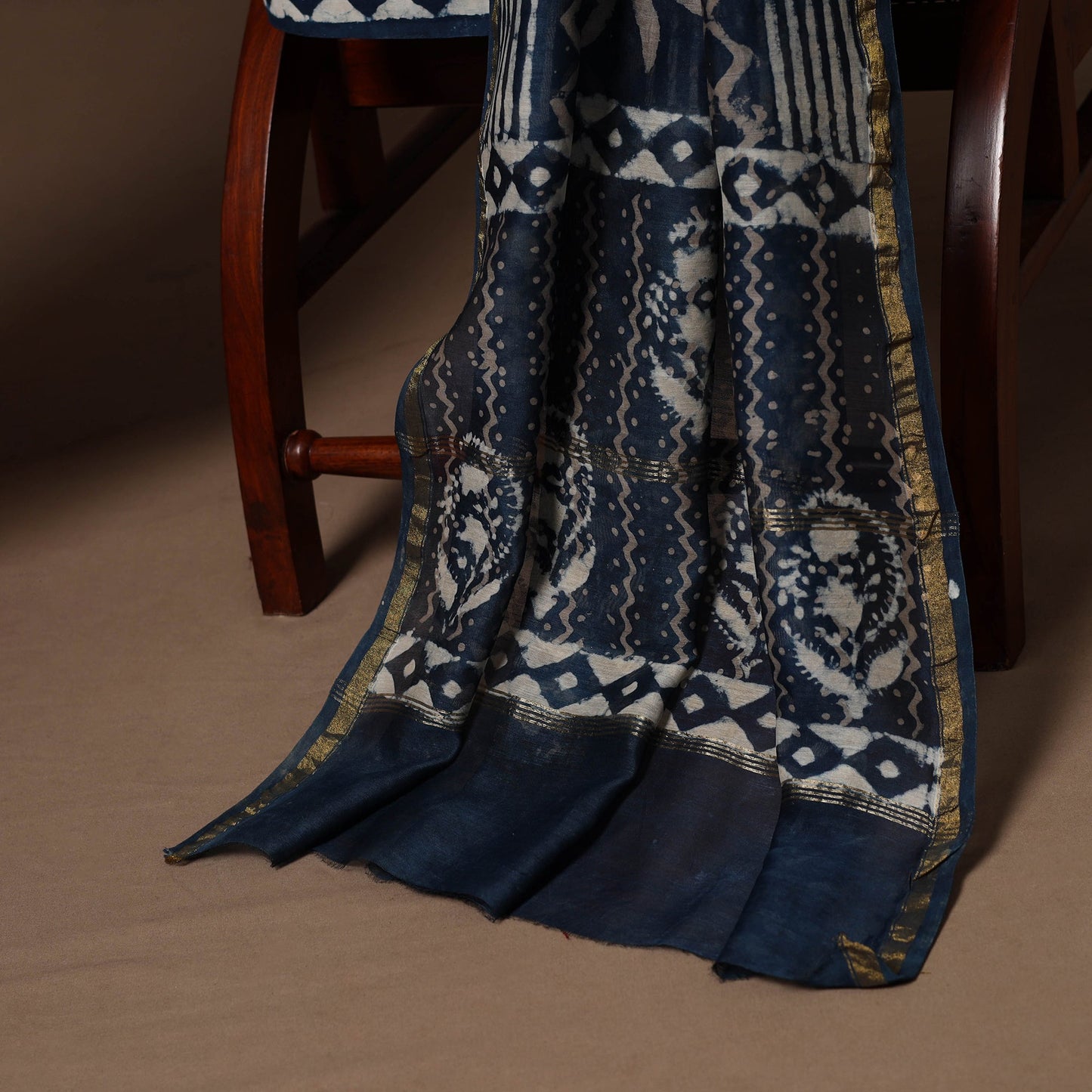 Blue - 3pc chanderi silk unstitched indigo bagru dress