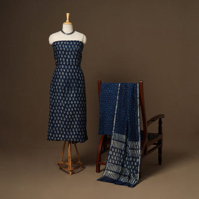 3pc chanderi silk unstitched indigo hand bagru dress