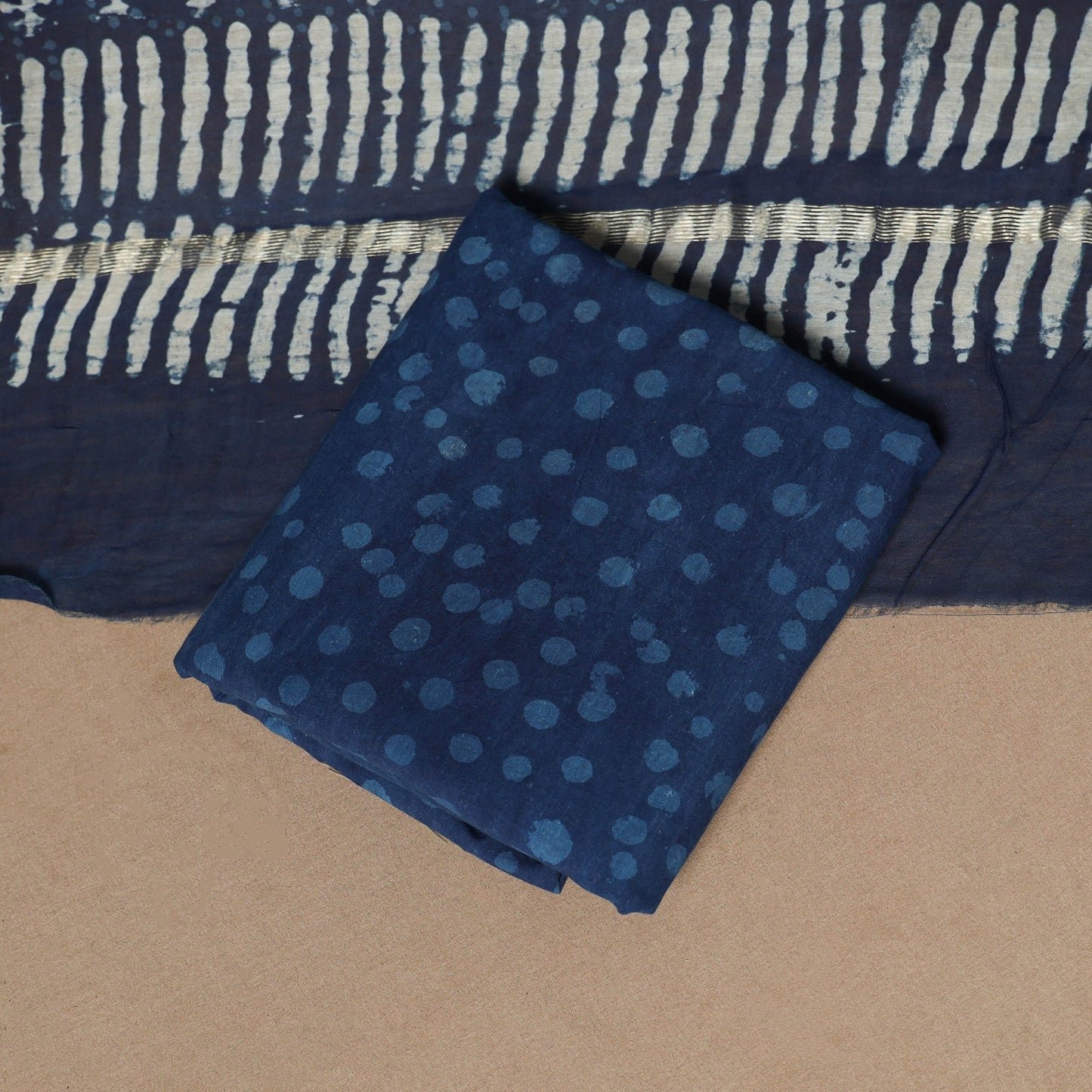 3pc chanderi silk unstitched indigo hand bagru dress