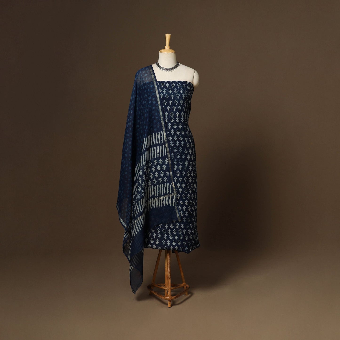 3pc chanderi silk unstitched indigo hand bagru dress