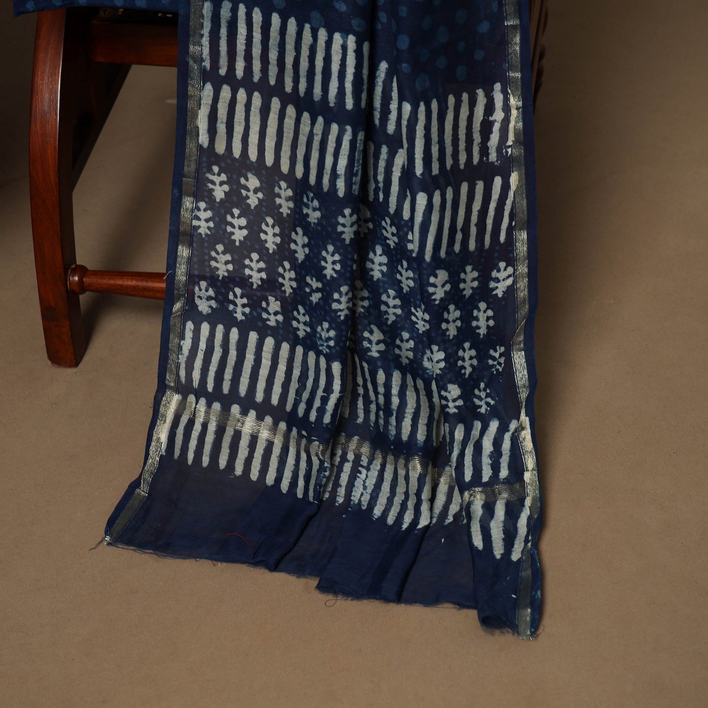 3pc chanderi silk unstitched indigo hand bagru dress