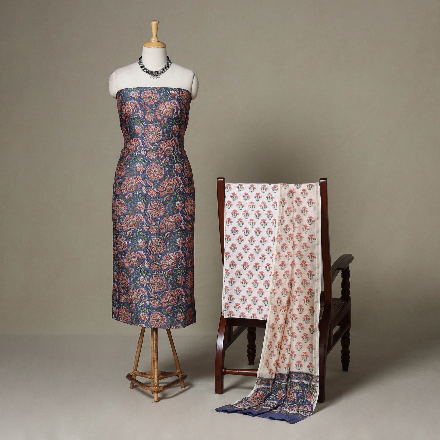 Blue - 3pc chanderi silk unstitched sanganeri dress