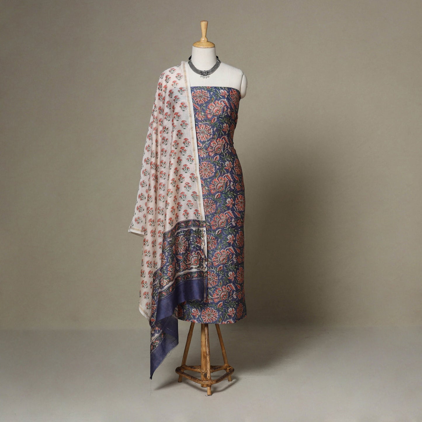 Blue - 3pc chanderi silk unstitched sanganeri dress