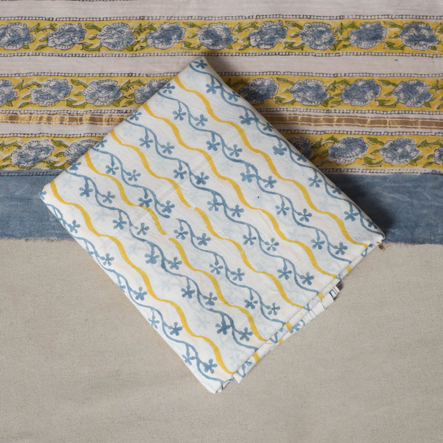 Blue - 3pc chanderi silk unstitched sanganeri dress