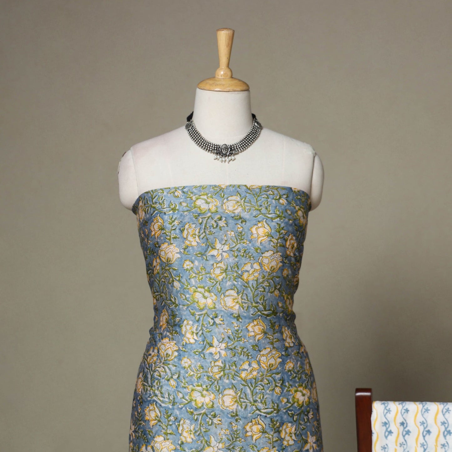 Blue - 3pc chanderi silk unstitched sanganeri dress