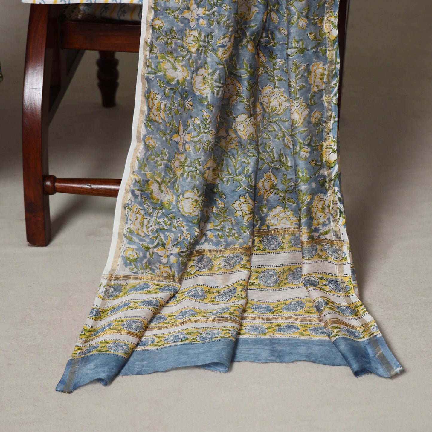 Blue - 3pc chanderi silk unstitched sanganeri dress