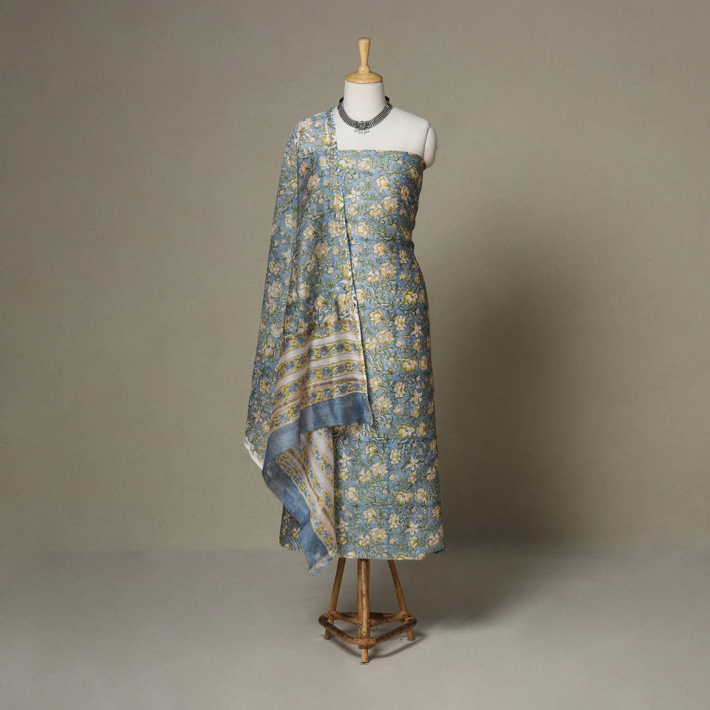 Blue - 3pc chanderi silk unstitched sanganeri dress