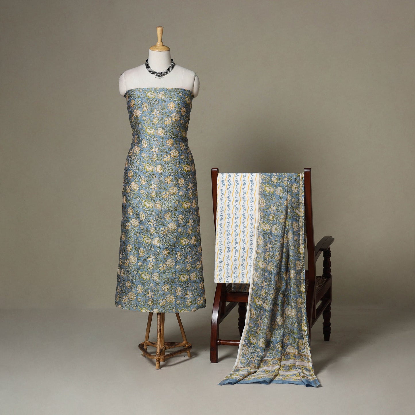 Blue - 3pc chanderi silk unstitched sanganeri dress