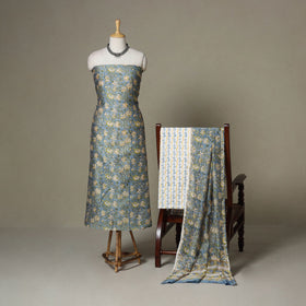 Blue - 3pc chanderi silk unstitched sanganeri dress