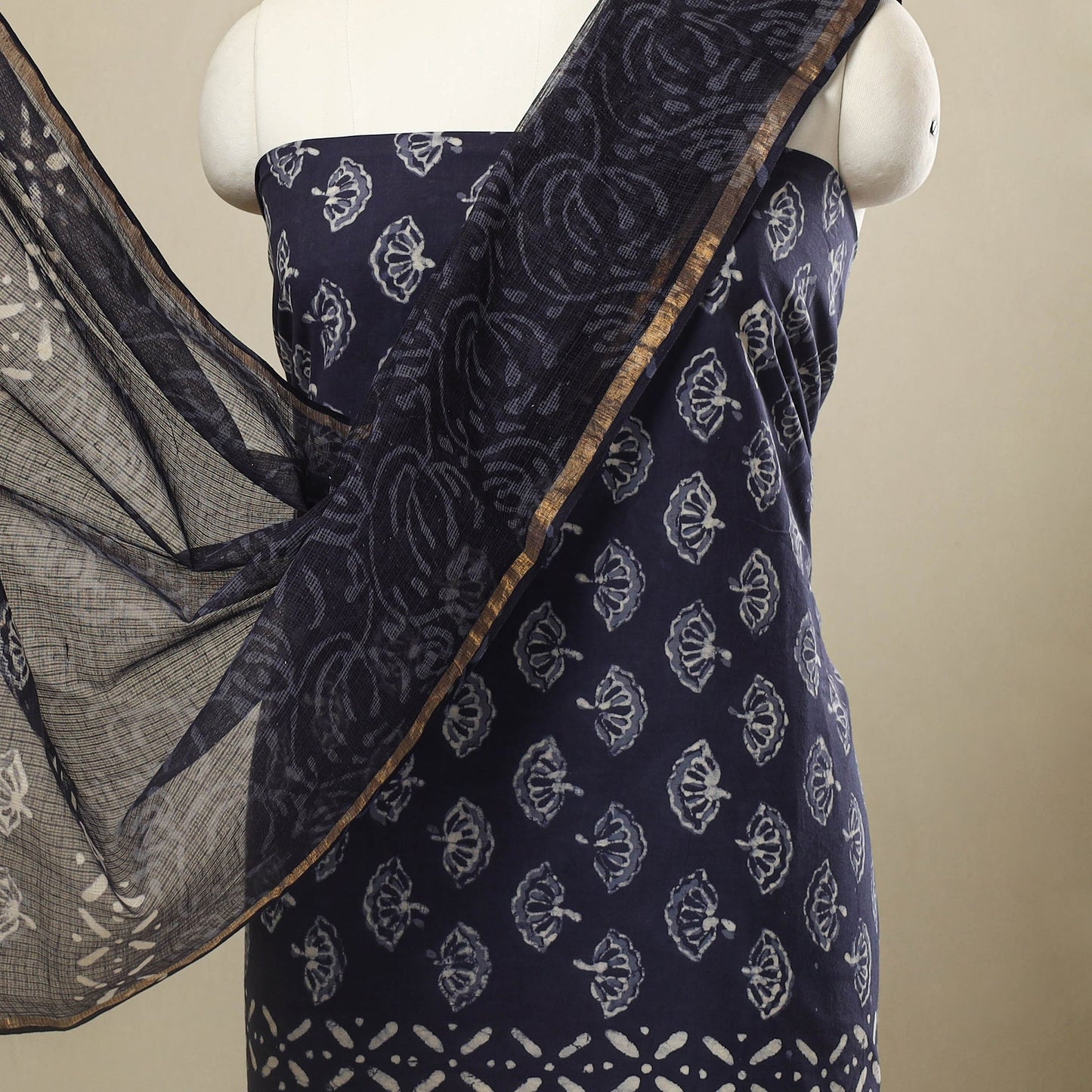  3pc Block Print Cotton Blue Batik Dress Material