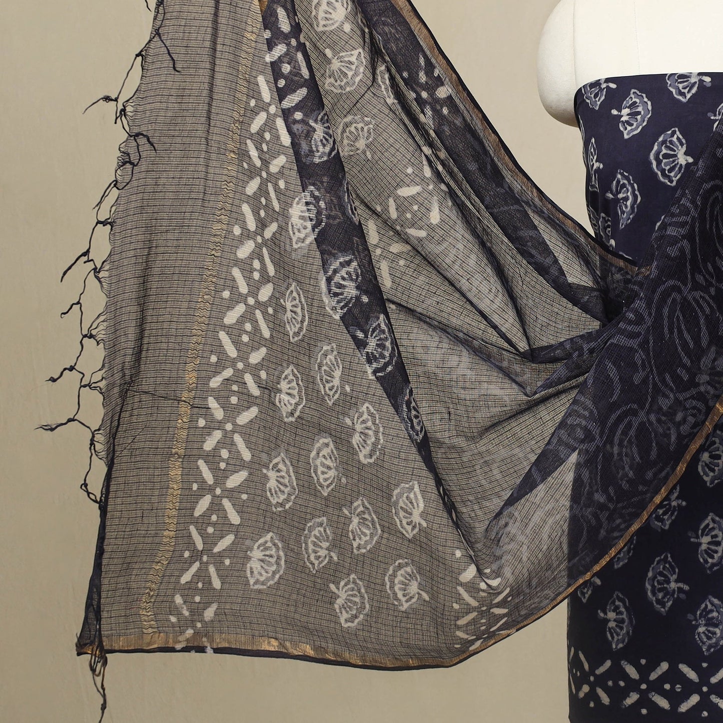  3pc Block Print Cotton Blue Batik Dress Material