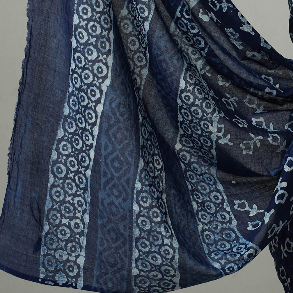 Blue - 3pc cotton indigo bagru unstitched dress material