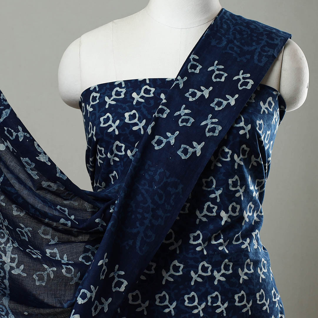 Blue - 3pc cotton indigo bagru unstitched dress material