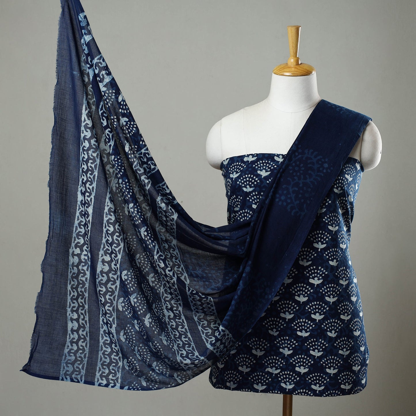  Indigo Cotton Bagru Print Dress Material Set 