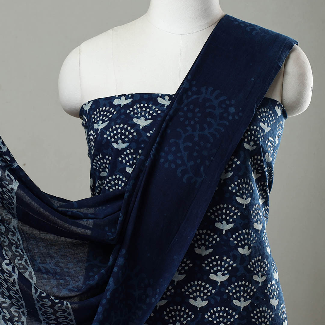 Indigo Cotton Bagru Print Dress Material Set 