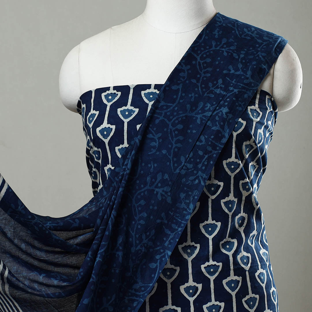  Indigo Cotton Bagru Print Dress Material Set Online