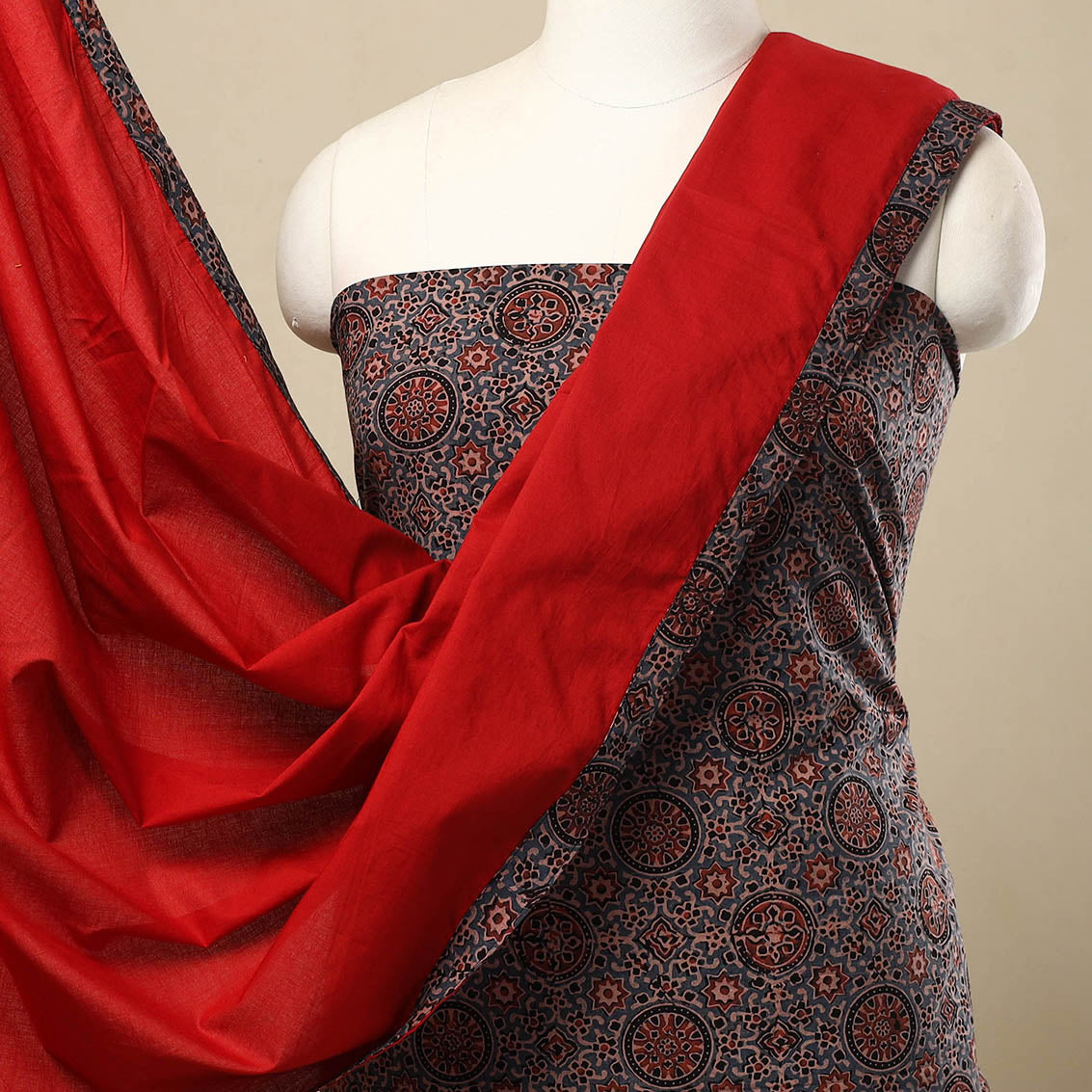 3pc Cotton Blue Ajrakh Print Kurta with Plain Dupatta