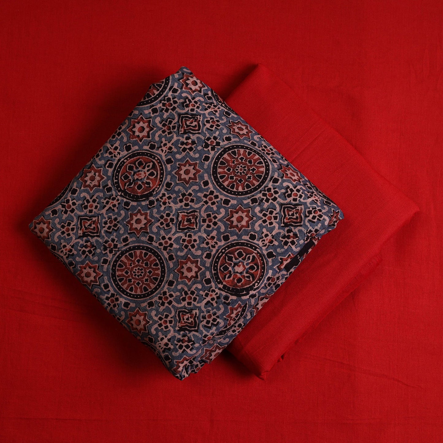 3pc Cotton Blue Ajrakh Print Kurta with Plain Dupatta