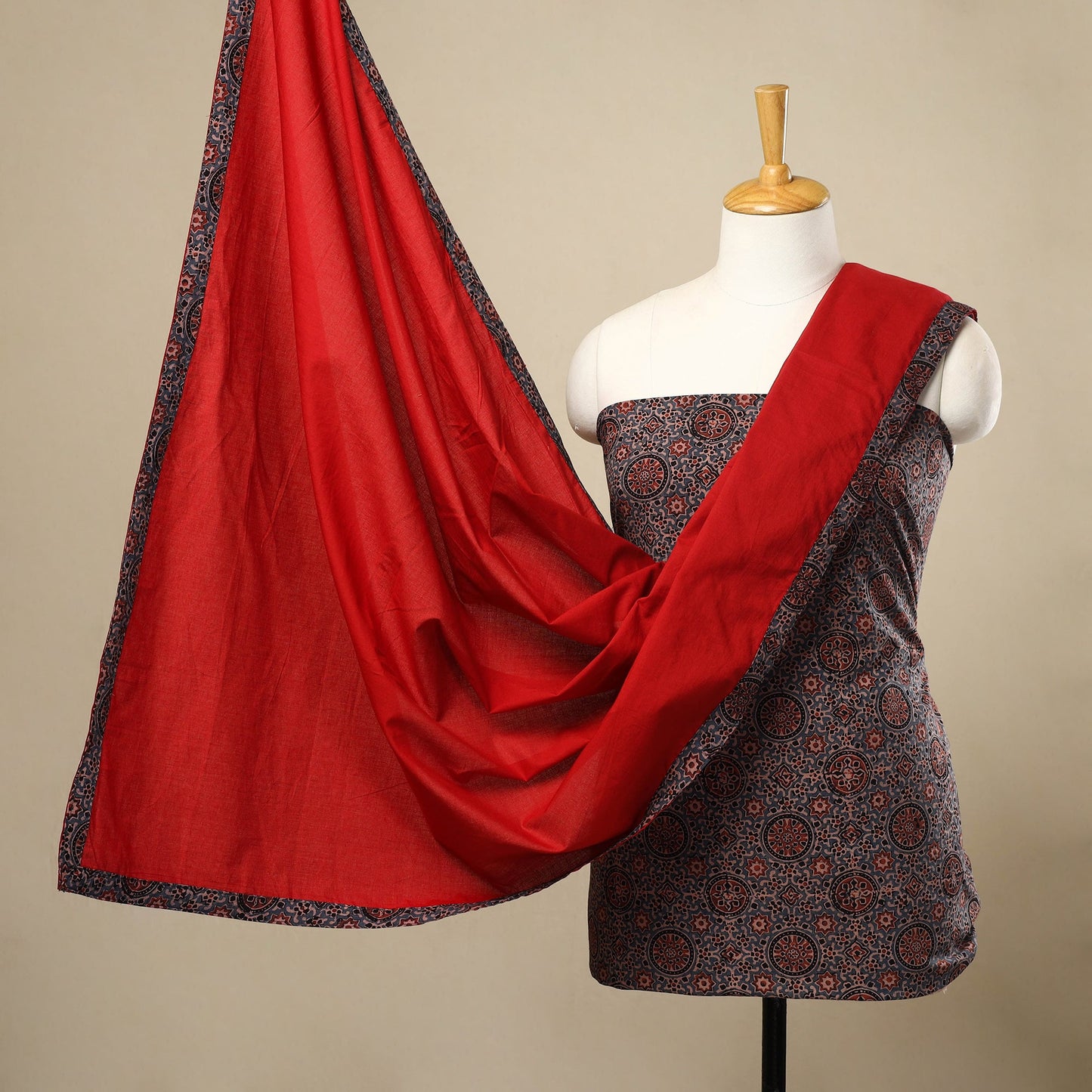 3pc Cotton Blue Ajrakh Print Kurta with Plain Dupatta