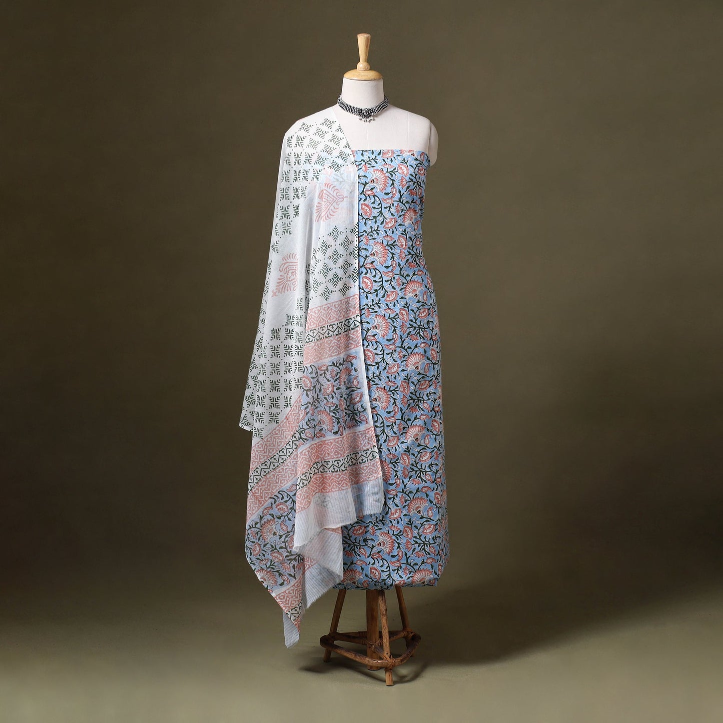 Blue - 3pc cotton sanganeri unstitched dress material 05