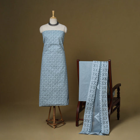 Blue - 3pc cotton unstitched barmer applique cut work dress