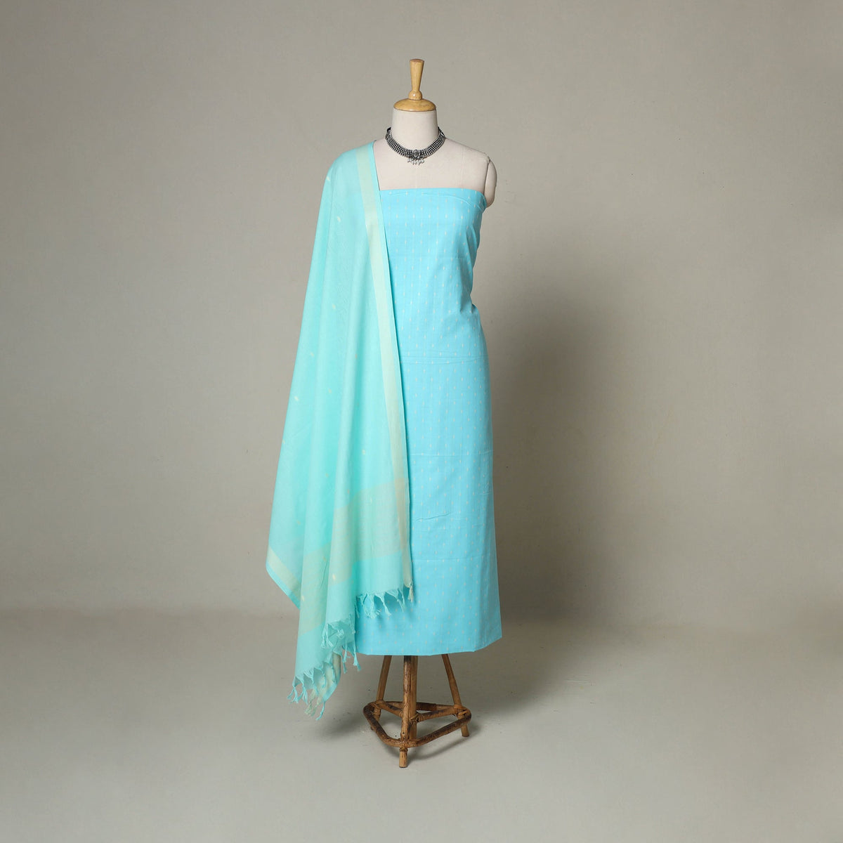 Blue - 3pc cotton unstitched jacquard dress material 12