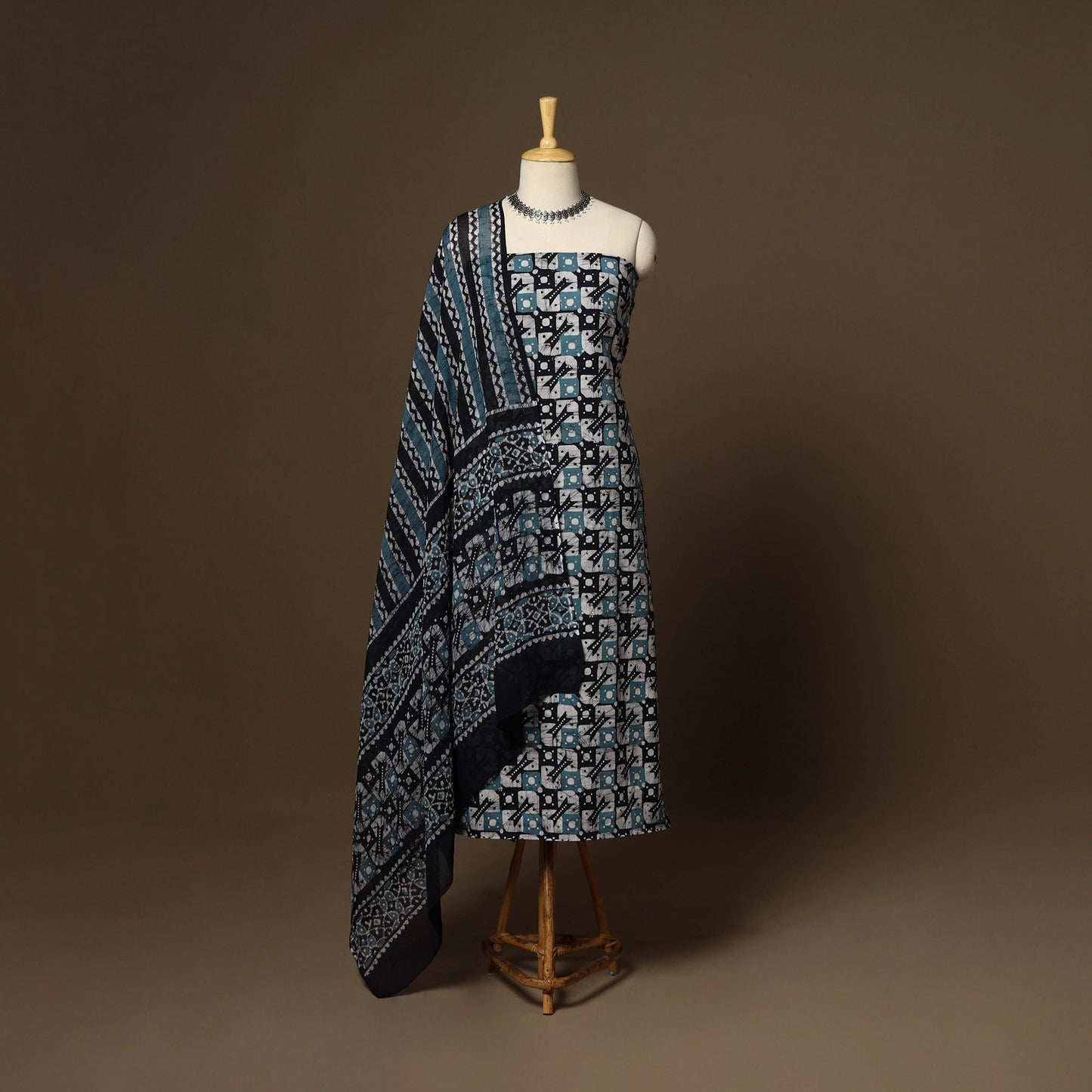 Blue - 3pc cotton unstitched kutch batik dress material 15