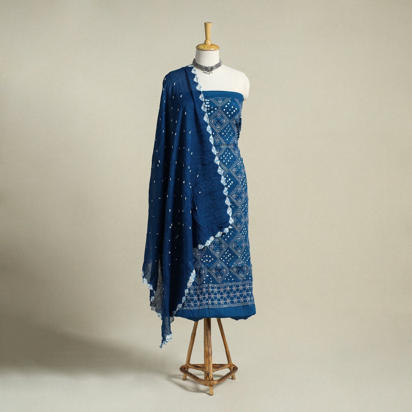 Blue 3pc Embroidered Unstitched Kutch Bandhani Dress Material