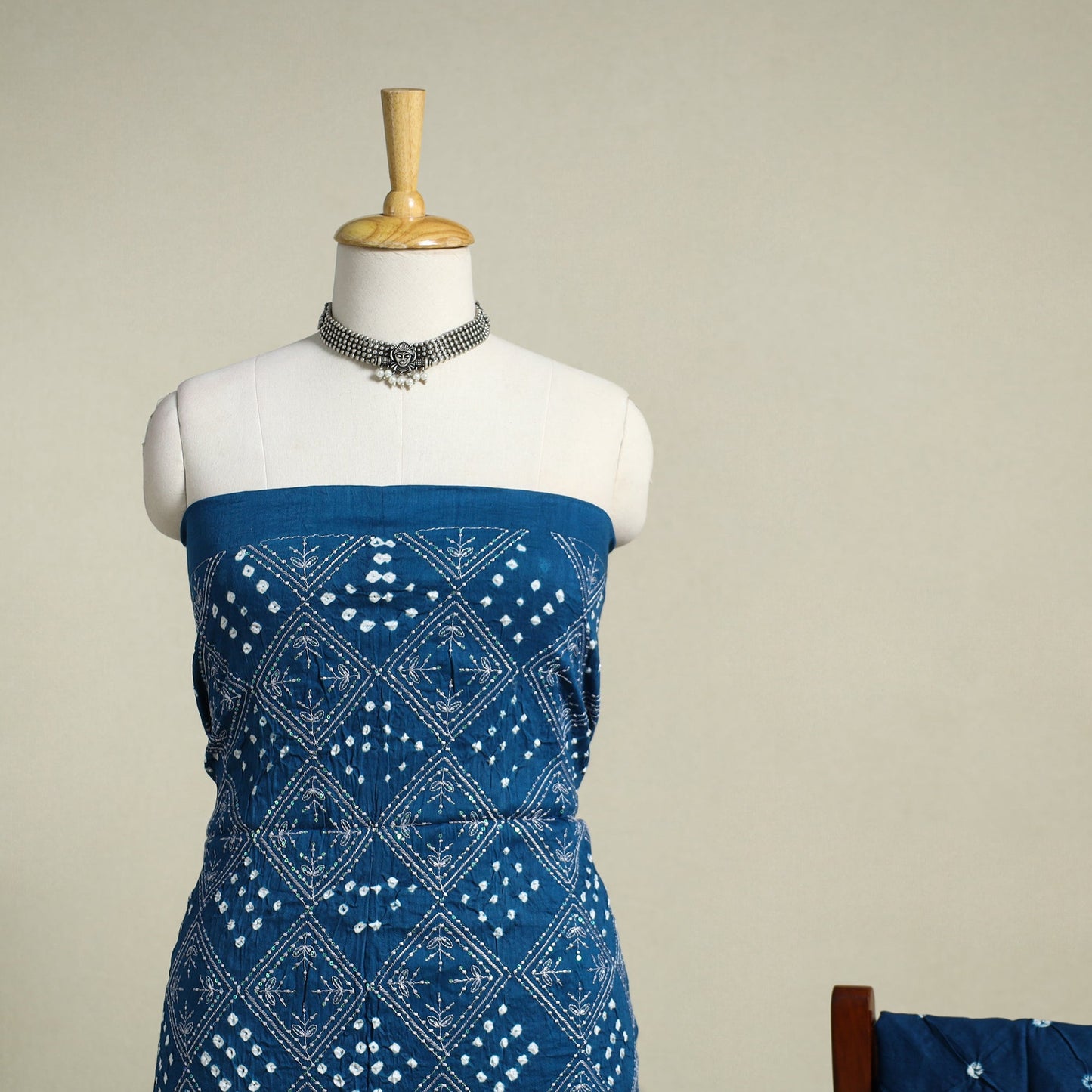 Blue 3pc Embroidered Unstitched Kutch Bandhani Dress Material