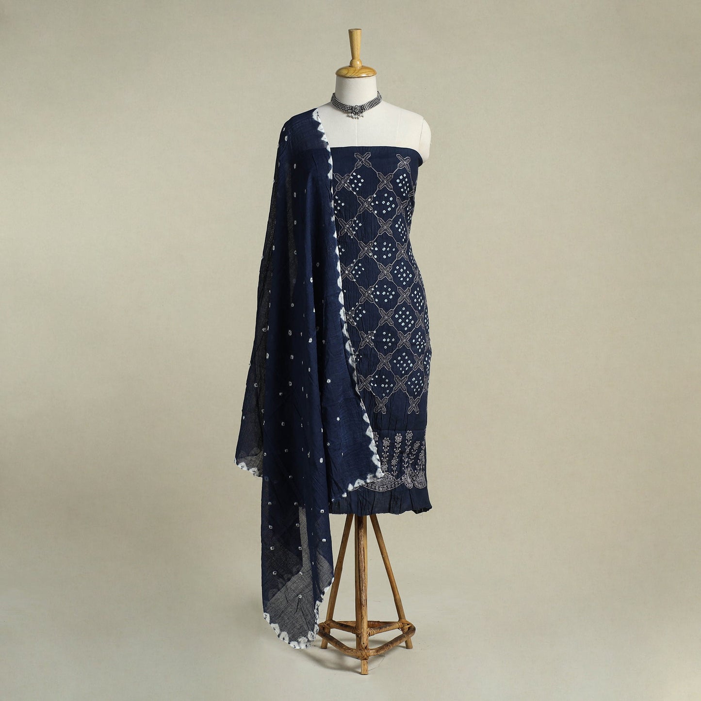 Blue 3pc Embroidered Unstitched Kutch Bandhani Dress Material