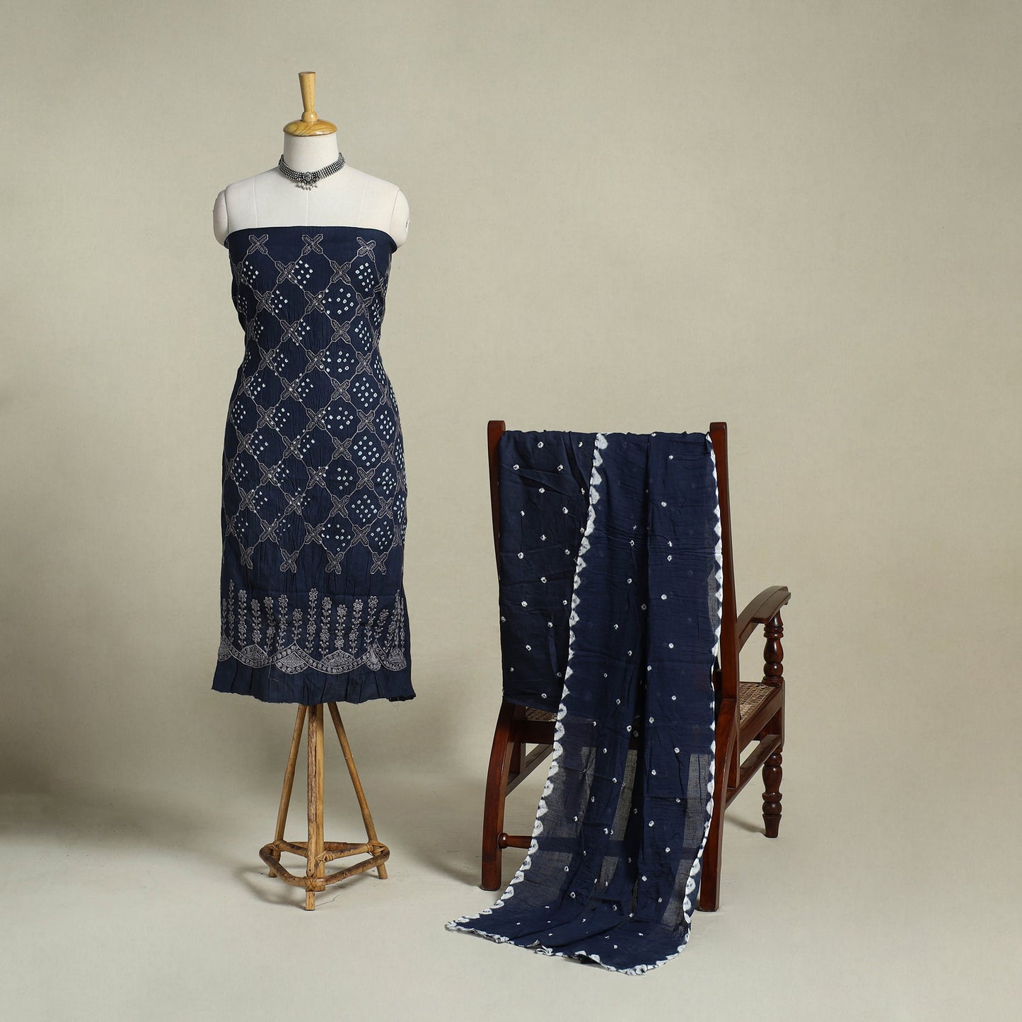 Blue 3pc Embroidered Unstitched Kutch Bandhani Dress Material