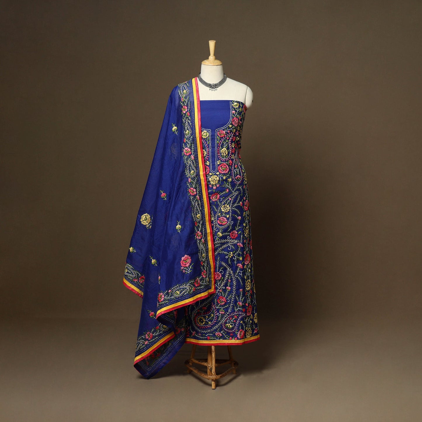 Blue - 3pc hand embroidery chanderi silk unstitched