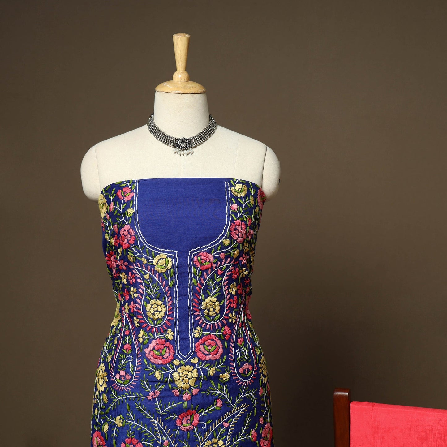 Blue - 3pc hand embroidery chanderi silk unstitched