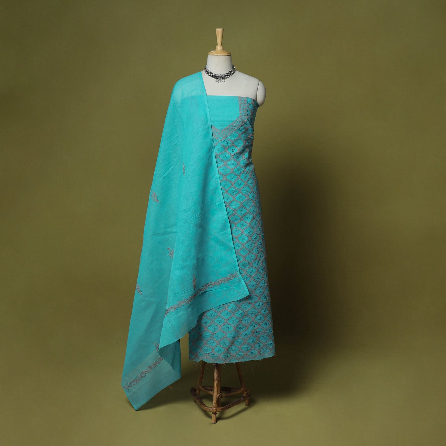 Blue - 3pc hand embroidery cotton lucknow chikankari dress