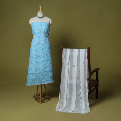 Blue - 3pc hand embroidery cotton lucknow chikankari dress