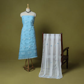 Blue - 3pc hand embroidery cotton lucknow chikankari dress