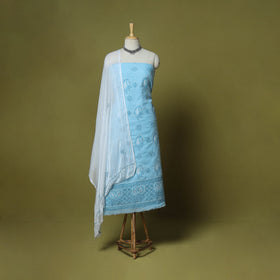 Blue - 3pc hand embroidery cotton lucknow chikankari dress