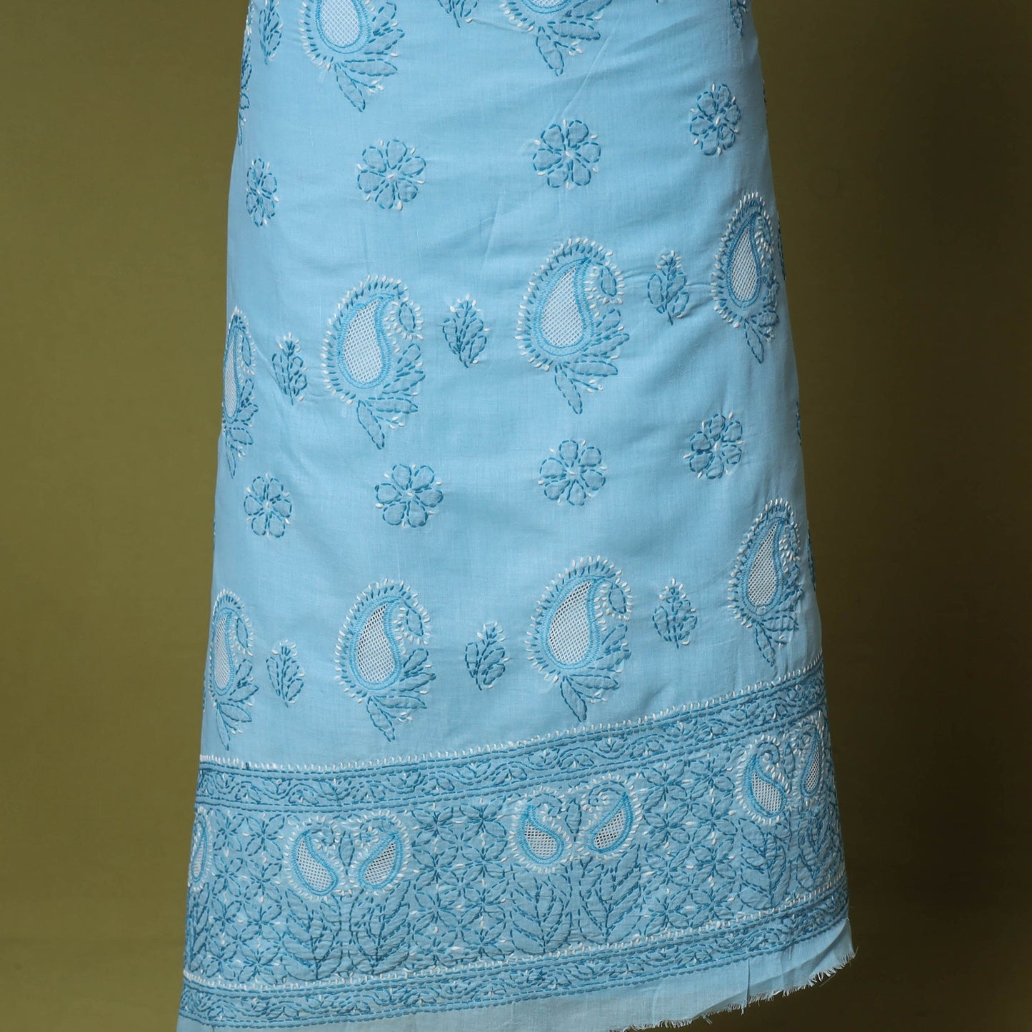 Blue - 3pc hand embroidery cotton lucknow chikankari dress