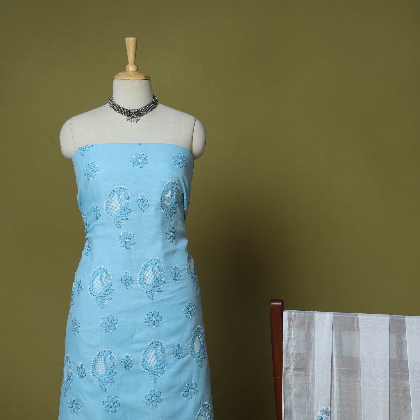 Blue - 3pc hand embroidery cotton lucknow chikankari dress