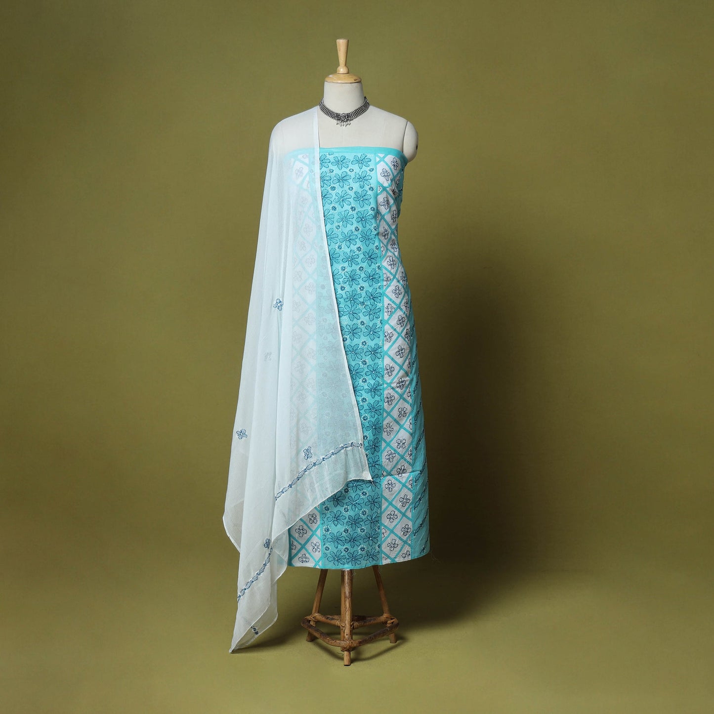 Blue - 3pc hand embroidery cotton lucknow chikankari dress