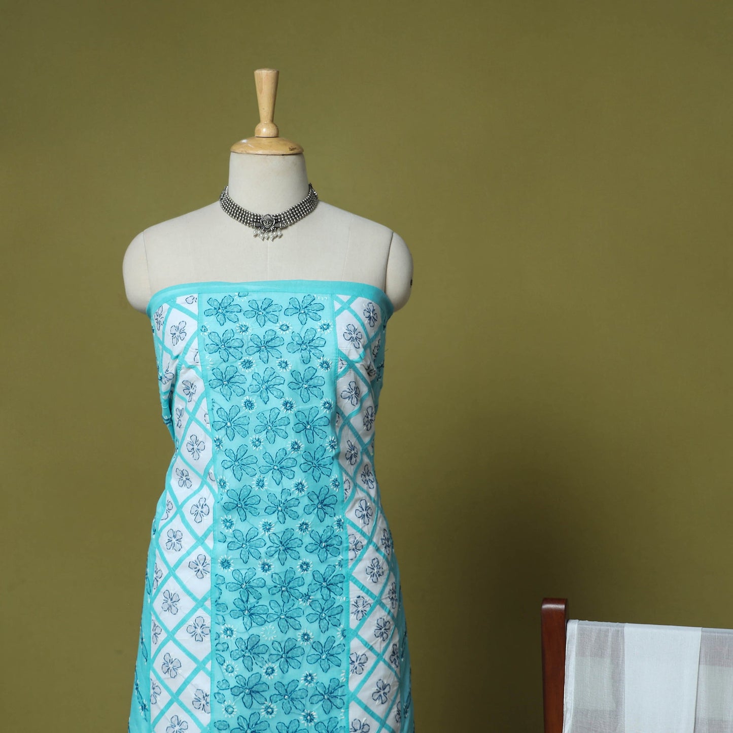 Blue - 3pc hand embroidery cotton lucknow chikankari dress