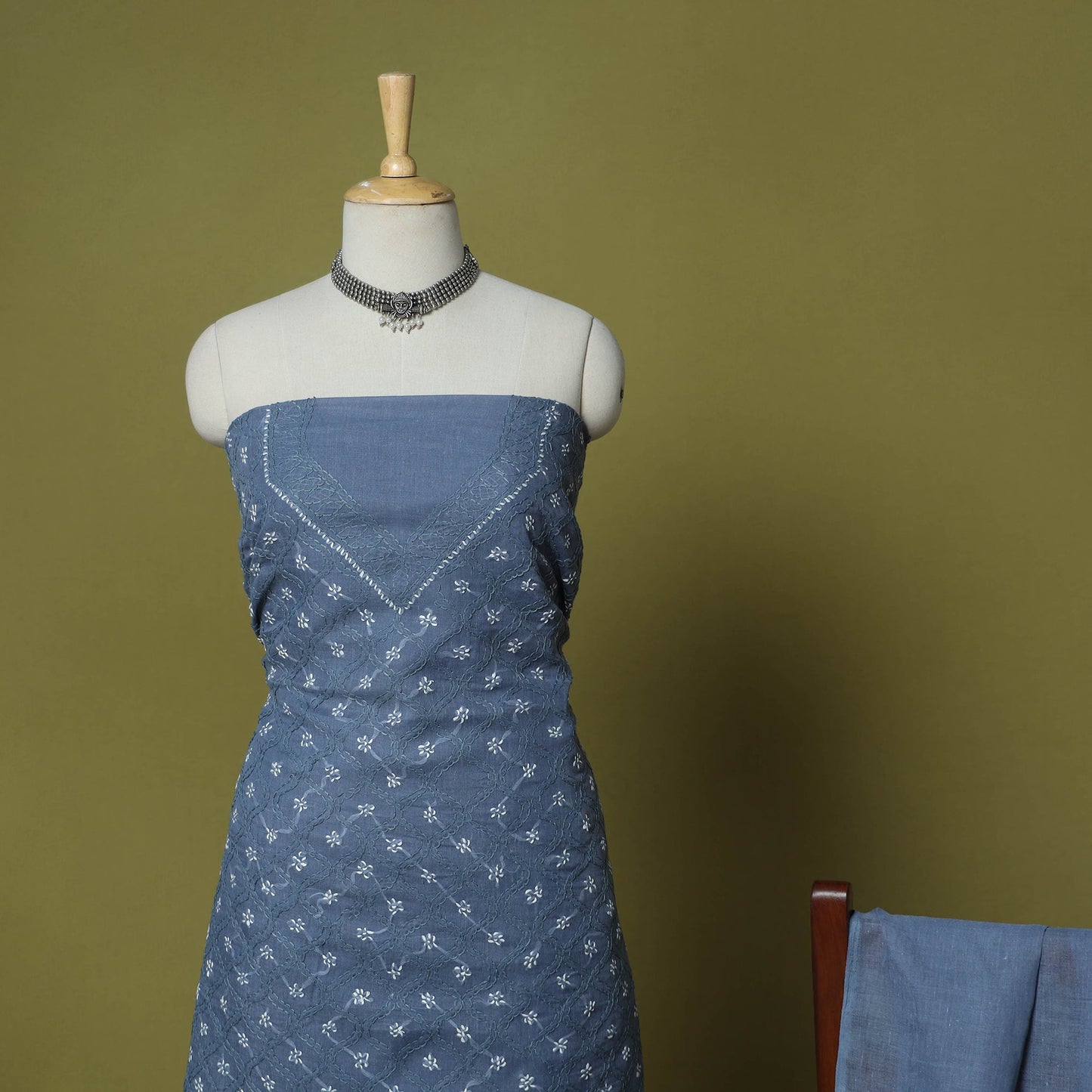 Blue - 3pc hand embroidery cotton lucknow chikankari dress