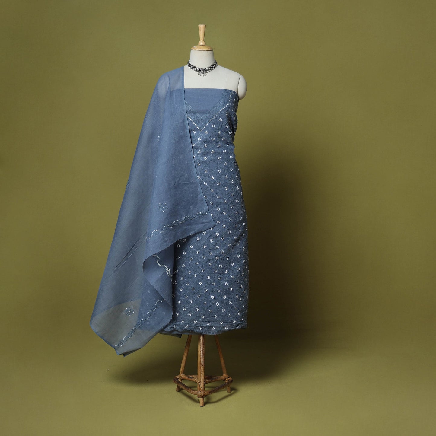 Blue - 3pc hand embroidery cotton lucknow chikankari dress